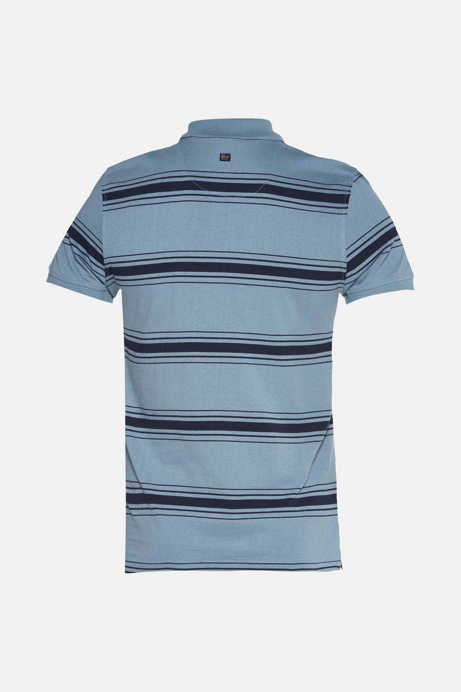 Blauw poloshirt met korte mouwen van Petrol Industries® met marineblauwe horizontale strepen, achterzijde.