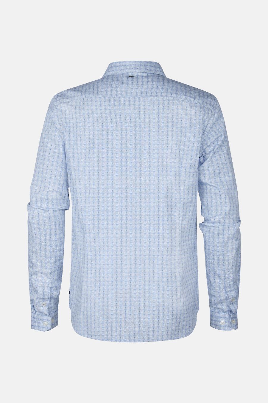 Blauw overhemd met lange mouwen van Petrol Industries, subtiel patroon over de gehele stof, achterzijde.