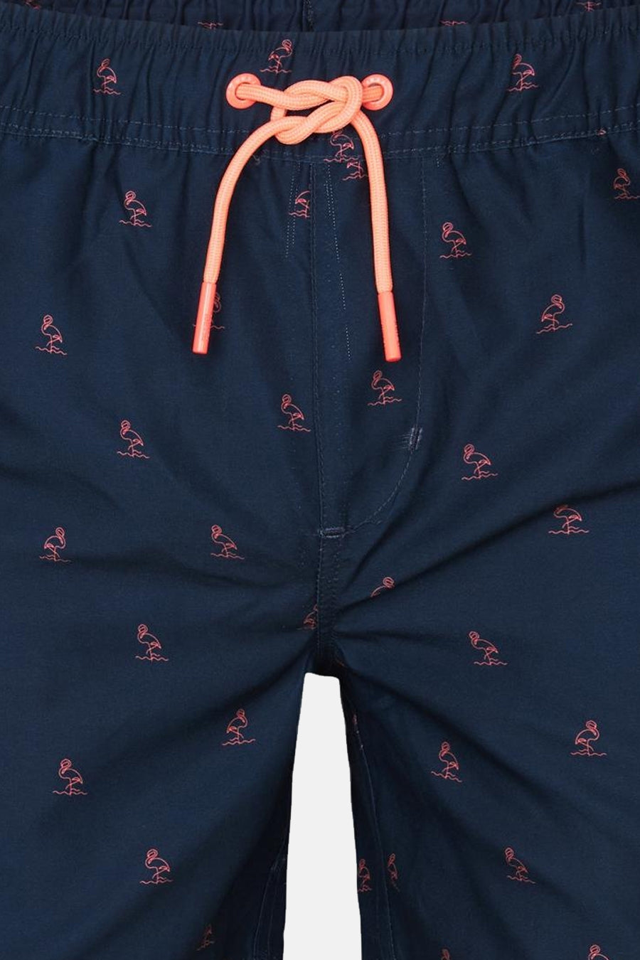 Short de bain bleu foncé par Petrol Industries® avec motif flamants roses brodé et cordon de serrage orange.