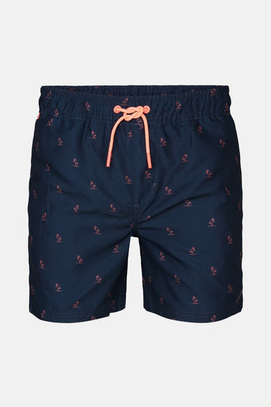 Short de bain bleu foncé par Petrol Industries, à motifs discrets de flamants roses et cordon orange.

