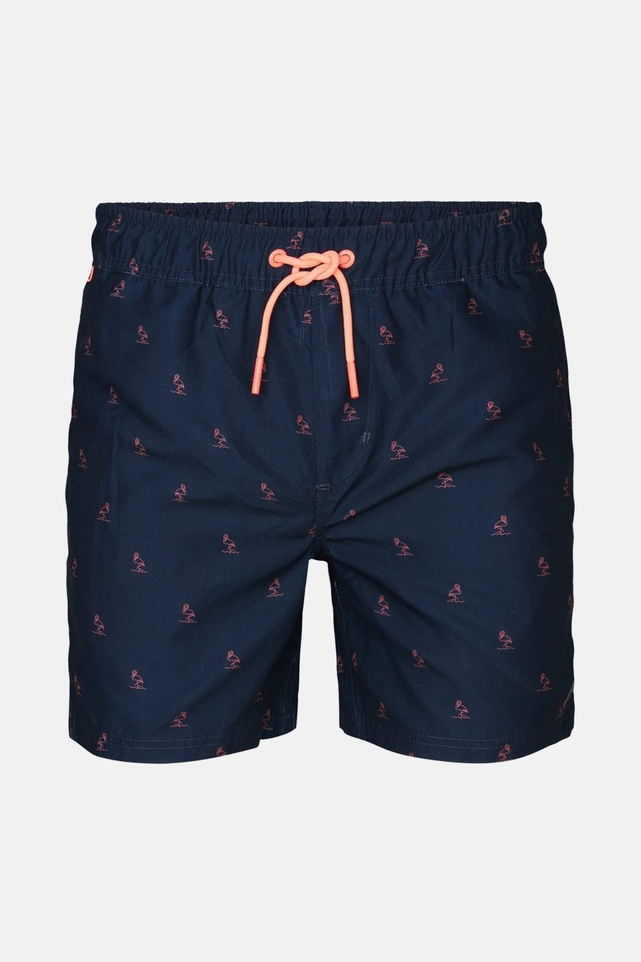 Short de bain bleu foncé par Petrol Industries, à motifs discrets de flamants roses et cordon orange.
