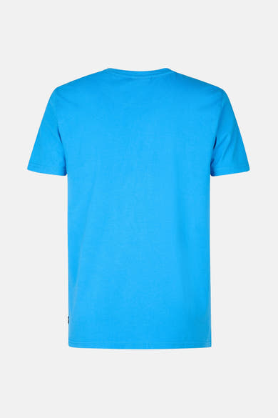 Blauw T-shirt met korte mouwen van Petrol Industries, achteraanzicht op witte achtergrond.