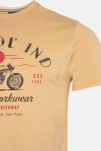 T-shirt à manches courtes jaune de Petrol Industries®, imprimé moto vintage et slogan "workwear".