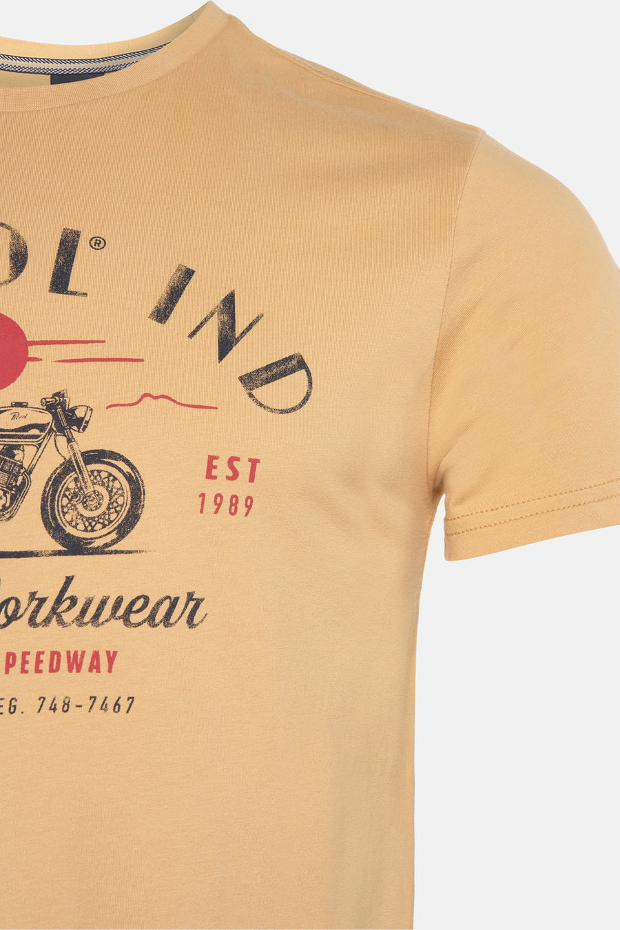 T-shirt à manches courtes jaune de Petrol Industries®, imprimé moto vintage et slogan "workwear".