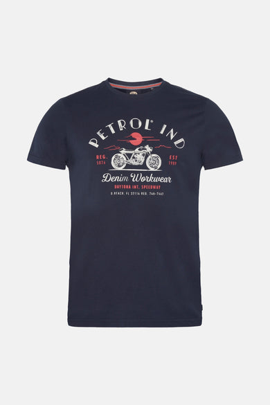 Blauwe korte mouw T-shirt van Petrol Industries, met een motormotief gedrukt op de voorzijde.