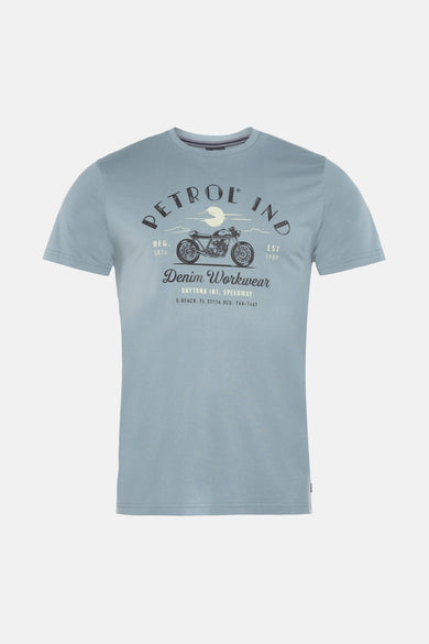 Blauwe korte mouw T-shirt van Petrol Industries, met een vintage motorprint en de inscriptie "Workwear".