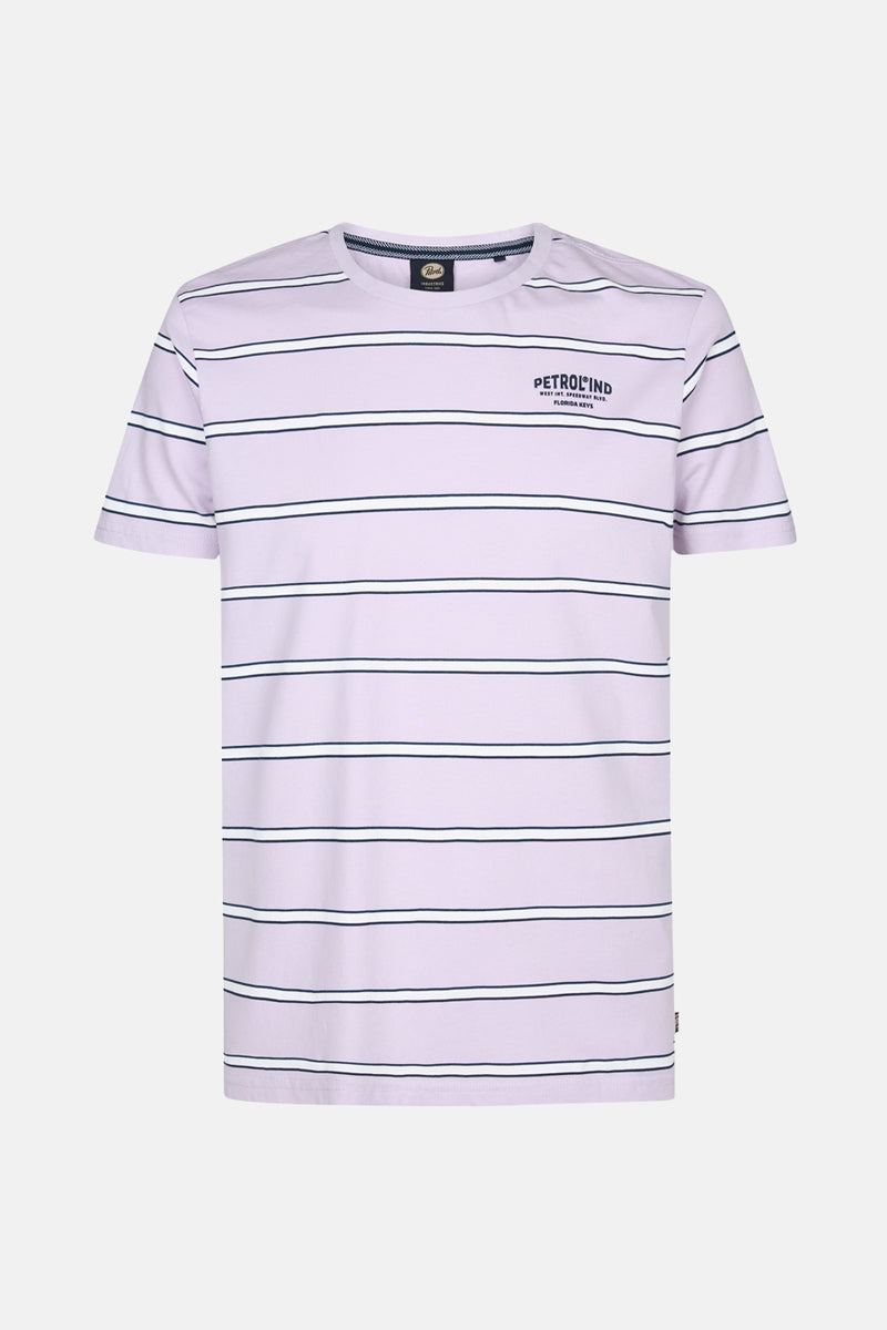 Paars T-shirt met witte en marineblauwe strepen van Petrol Industries, met logo op de borst gedrukt.
