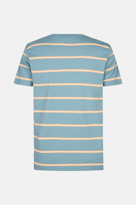 Blauw T-shirt met korte mouwen van Petrol Industries® met beige horizontale strepen, achterkant.