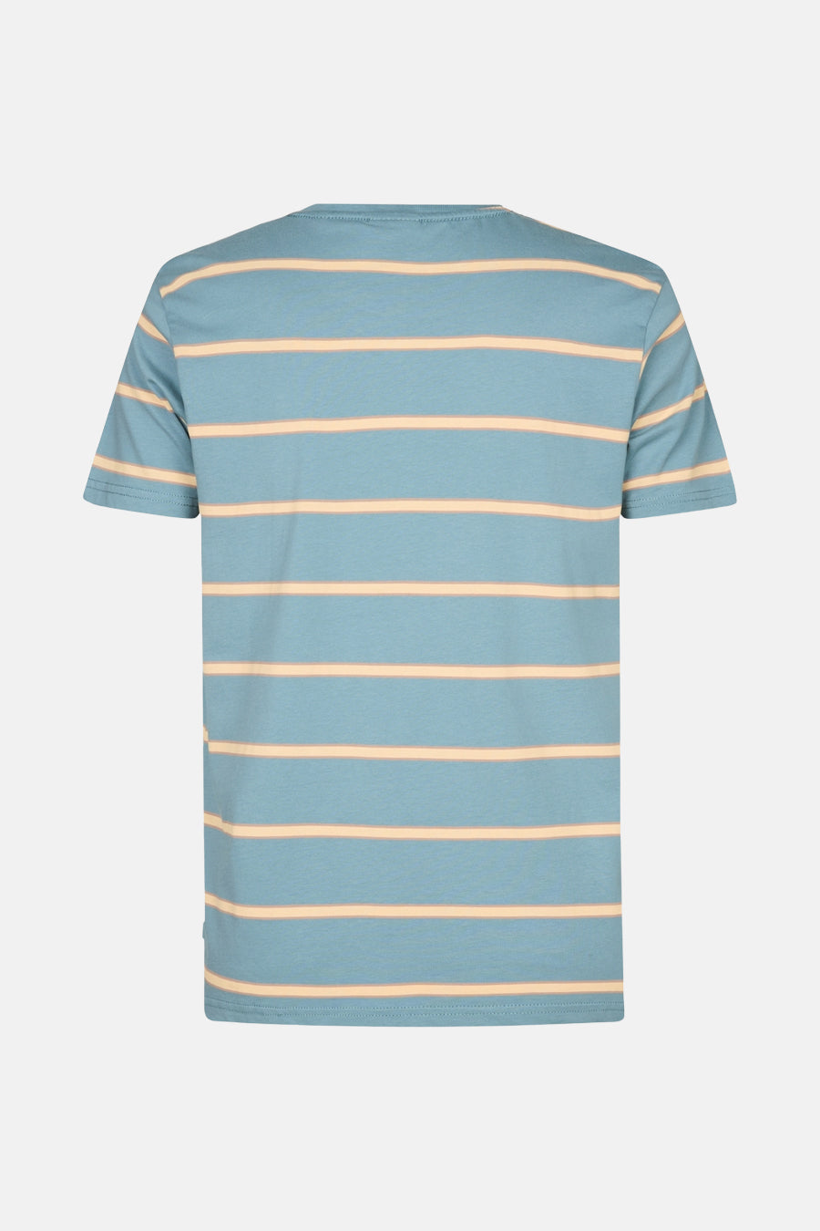 Blauw T-shirt met korte mouwen van Petrol Industries® met beige horizontale strepen, achterkant.