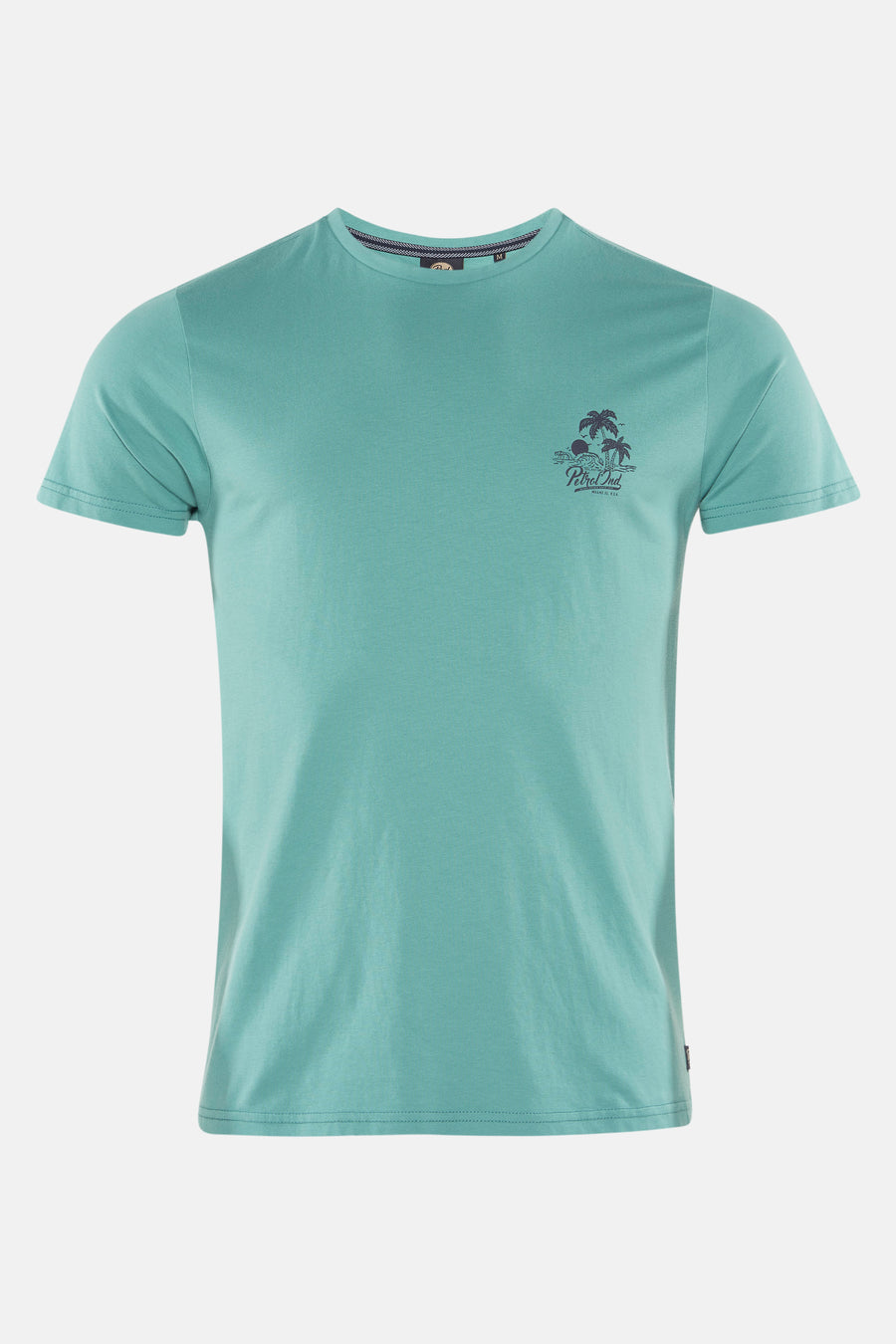 T-shirt à manches courtes vert de Petrol Industries® avec motif de palmiers sur la poitrine.