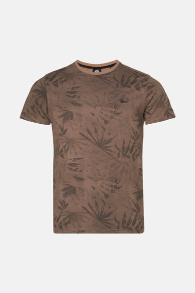 Bruin T-shirt met bloemenprint van Petrol Industries, gemaakt van piqué textiel, met een ronde hals.