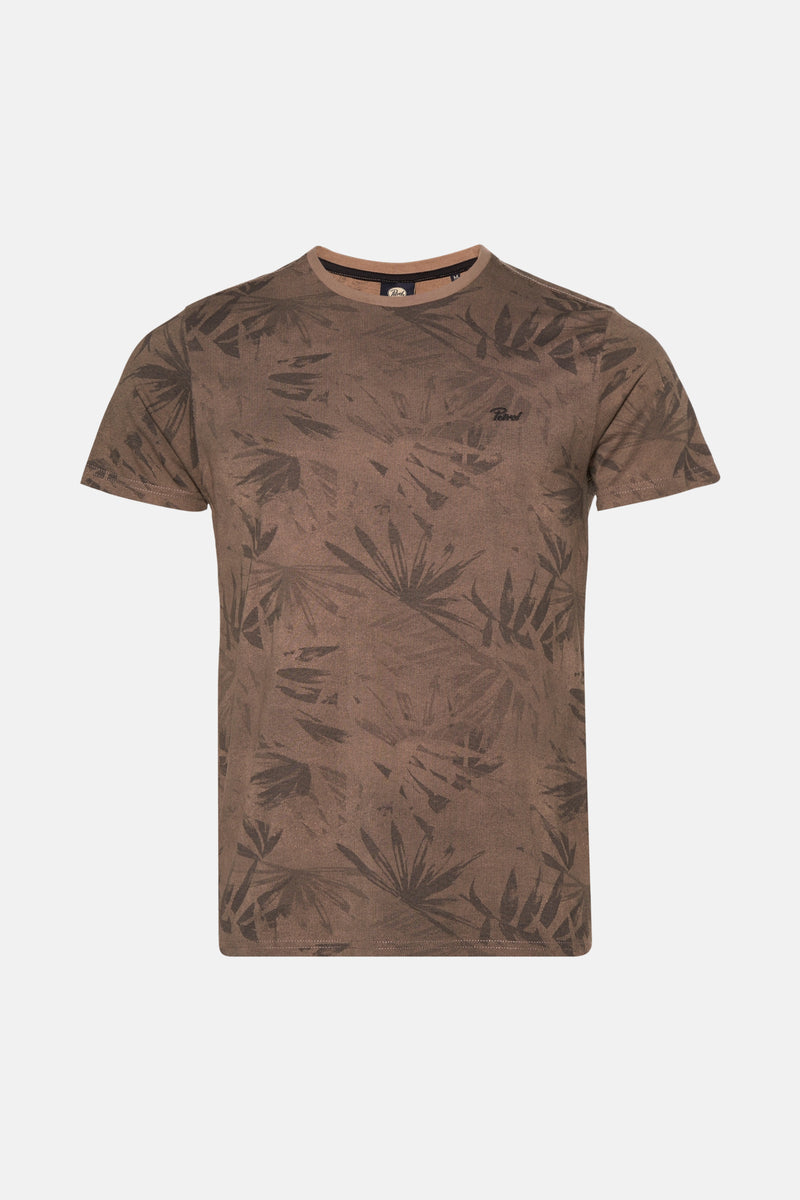 Bruin T-shirt met bloemenprint van Petrol Industries, gemaakt van piqué textiel, met een ronde hals.