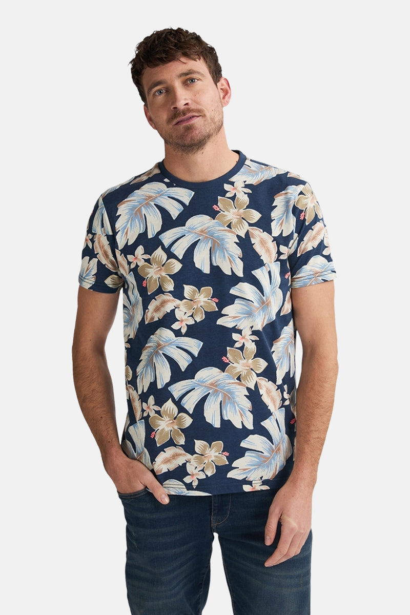 Blauwe T-shirt met korte mouwen van Petrol Industries® met bloemen- en exotische bladerenprint.