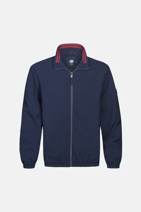 Korte blauwe jas van Petrol Industries®, met geribde kraag met rode strepen en ritssluiting.