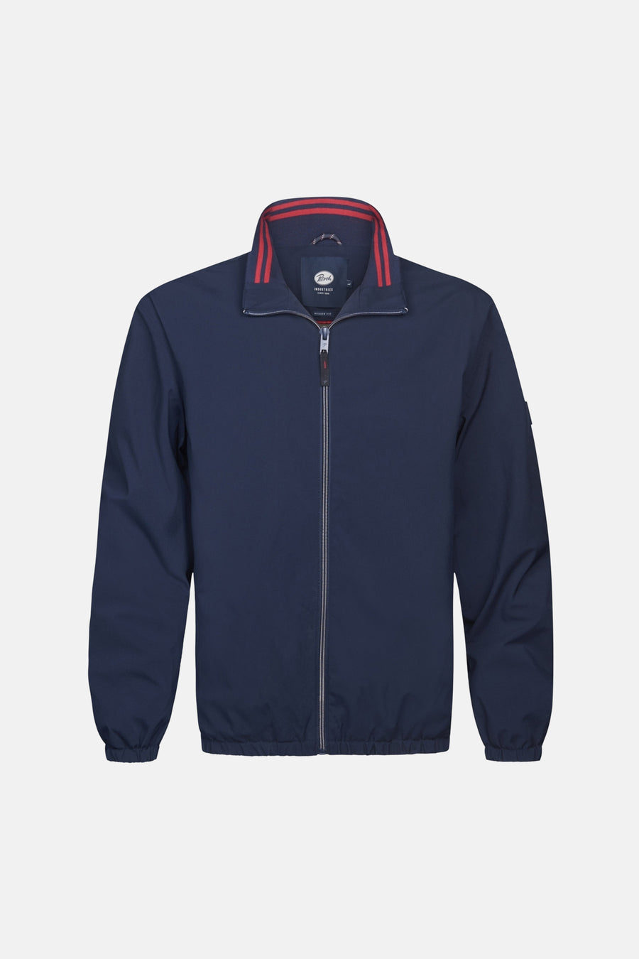 Veste courte bleue de Petrol Industries®, avec col côtelé à rayures rouges et fermeture éclair.