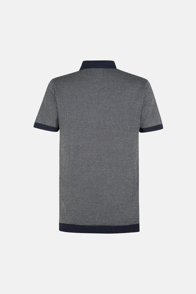 Pull bleu de Petrol Industries avec un motif texturé, col et bords-côtes marine, vue arrière.