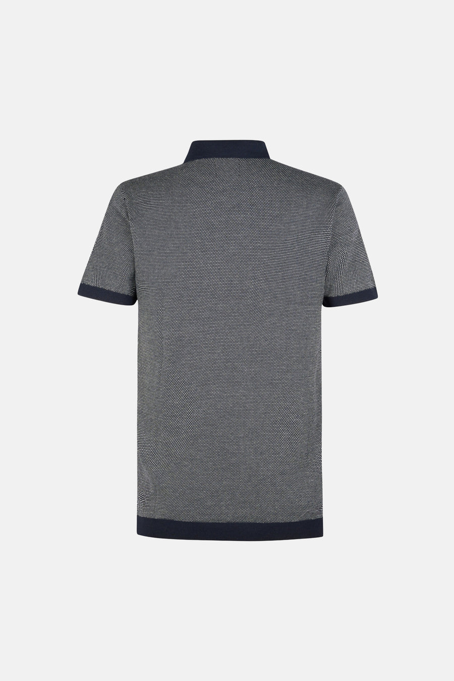 Pull bleu de Petrol Industries avec un motif texturé, col et bords-côtes marine, vue arrière.
