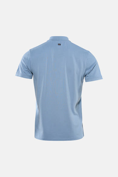 Polo bleu à manches courtes de Petrol Industries, vue arrière, en maille piquée avec un petit logo sur le col.