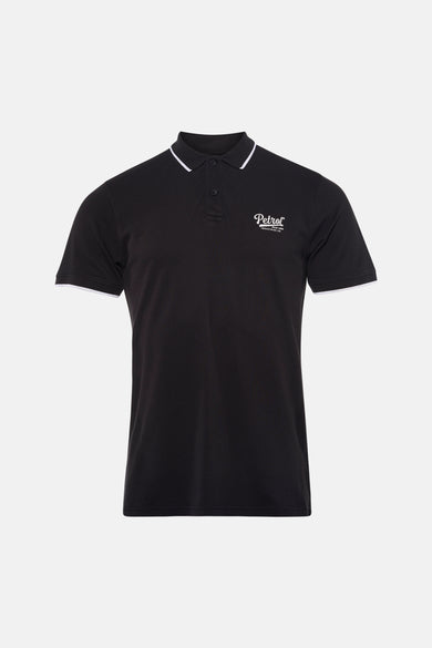 Zwart poloshirt met korte mouwen van Petrol Industries, met kraag en mouwen met witte bies.