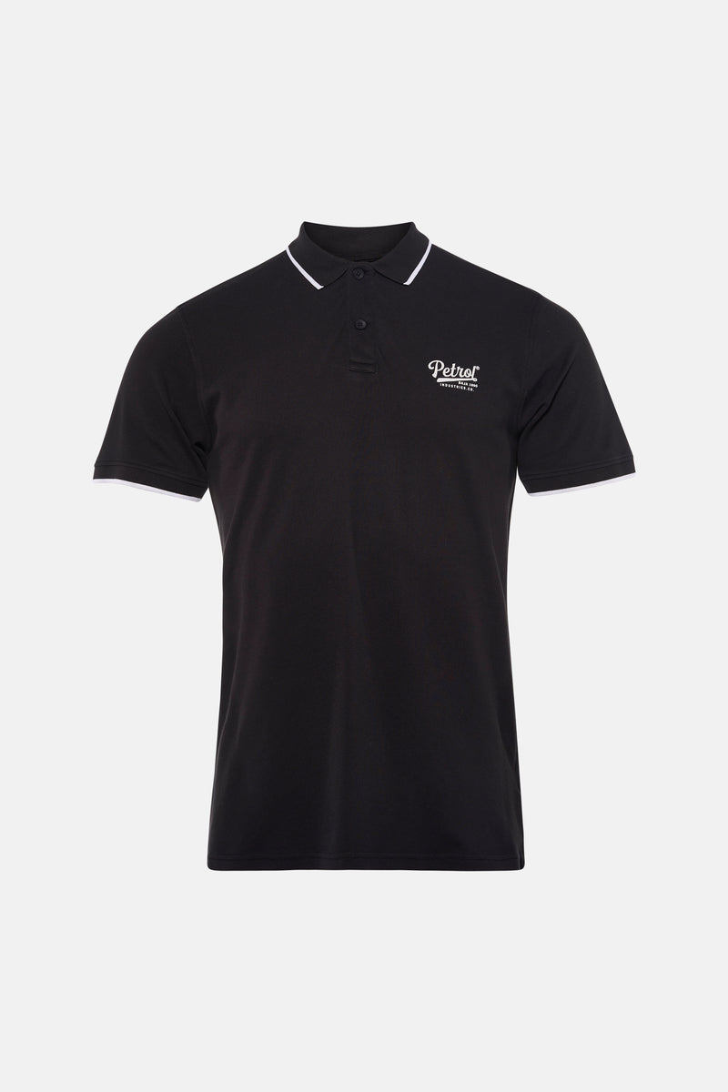 Zwart poloshirt met korte mouwen van Petrol Industries, met kraag en mouwen met witte bies.