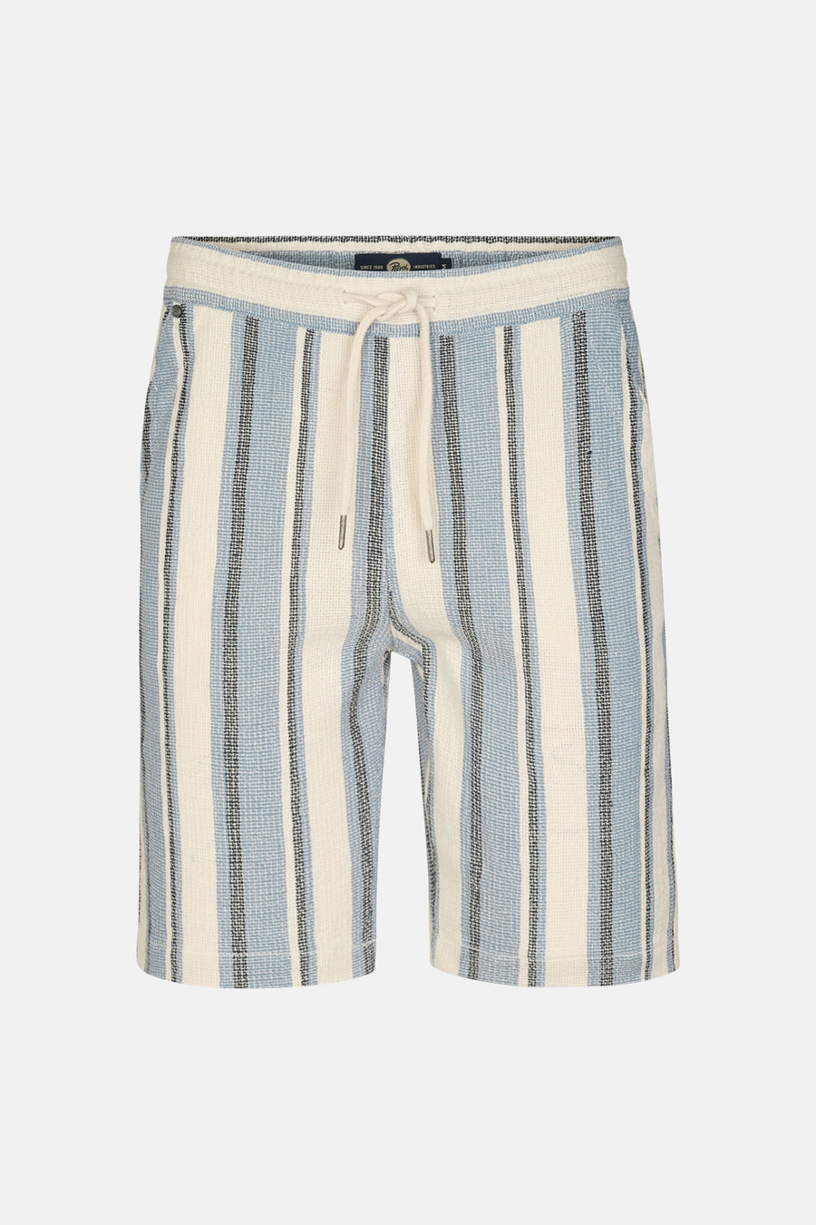 Korte blauwe gestreepte short van Petrol Industries®, met trekkoord en geweven textuur.