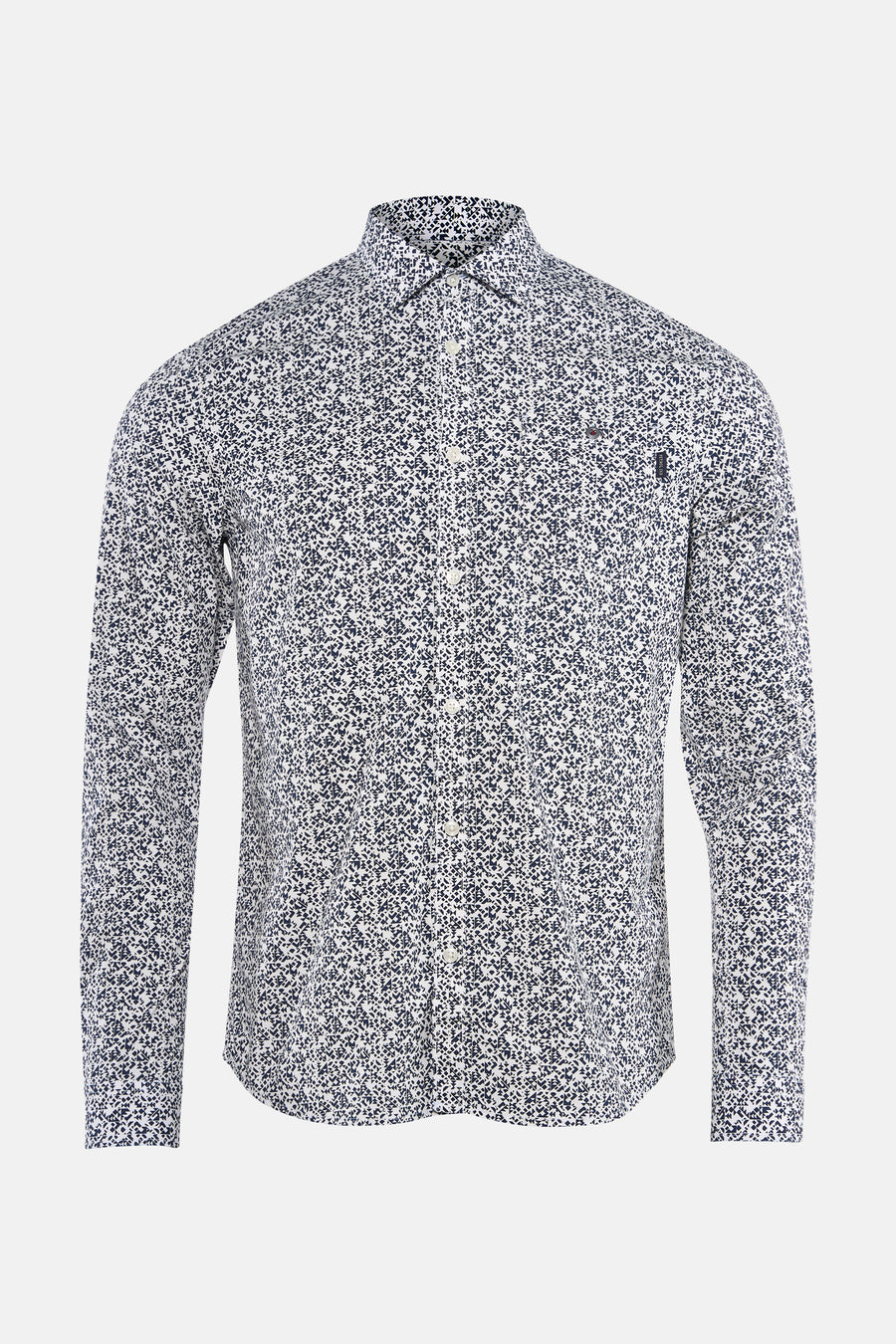 Multikleuren overhemd met lange mouwen van Petrol Industries®, subtiele geometrische print op een witte achtergrond.