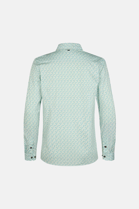 Chemise à manches longues verte de Petrol Industries®, à motif géométrique sur fond blanc.