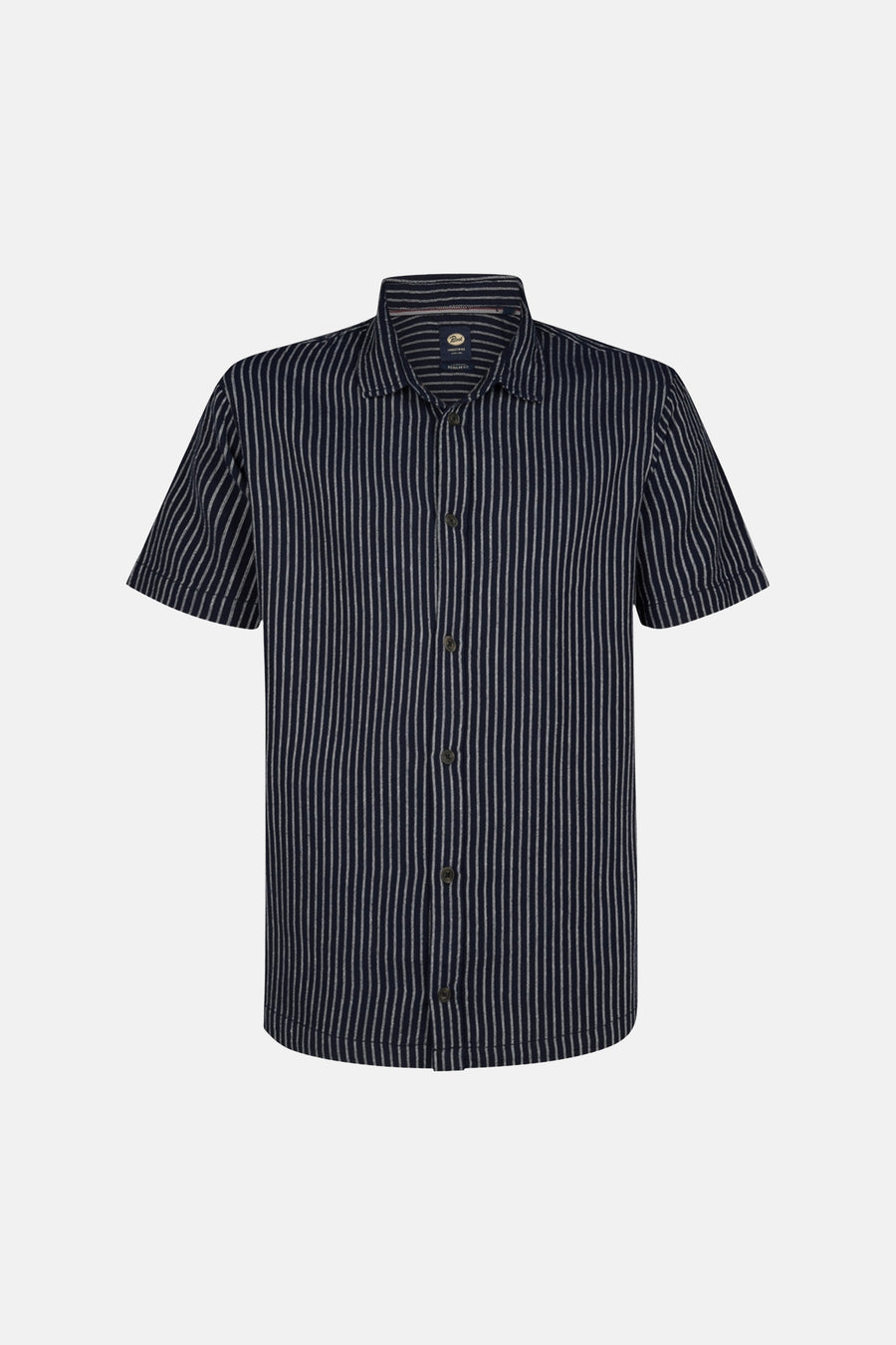 Blauwe blouse met korte mouwen van Petrol Industries® met fijne verticale strepen.