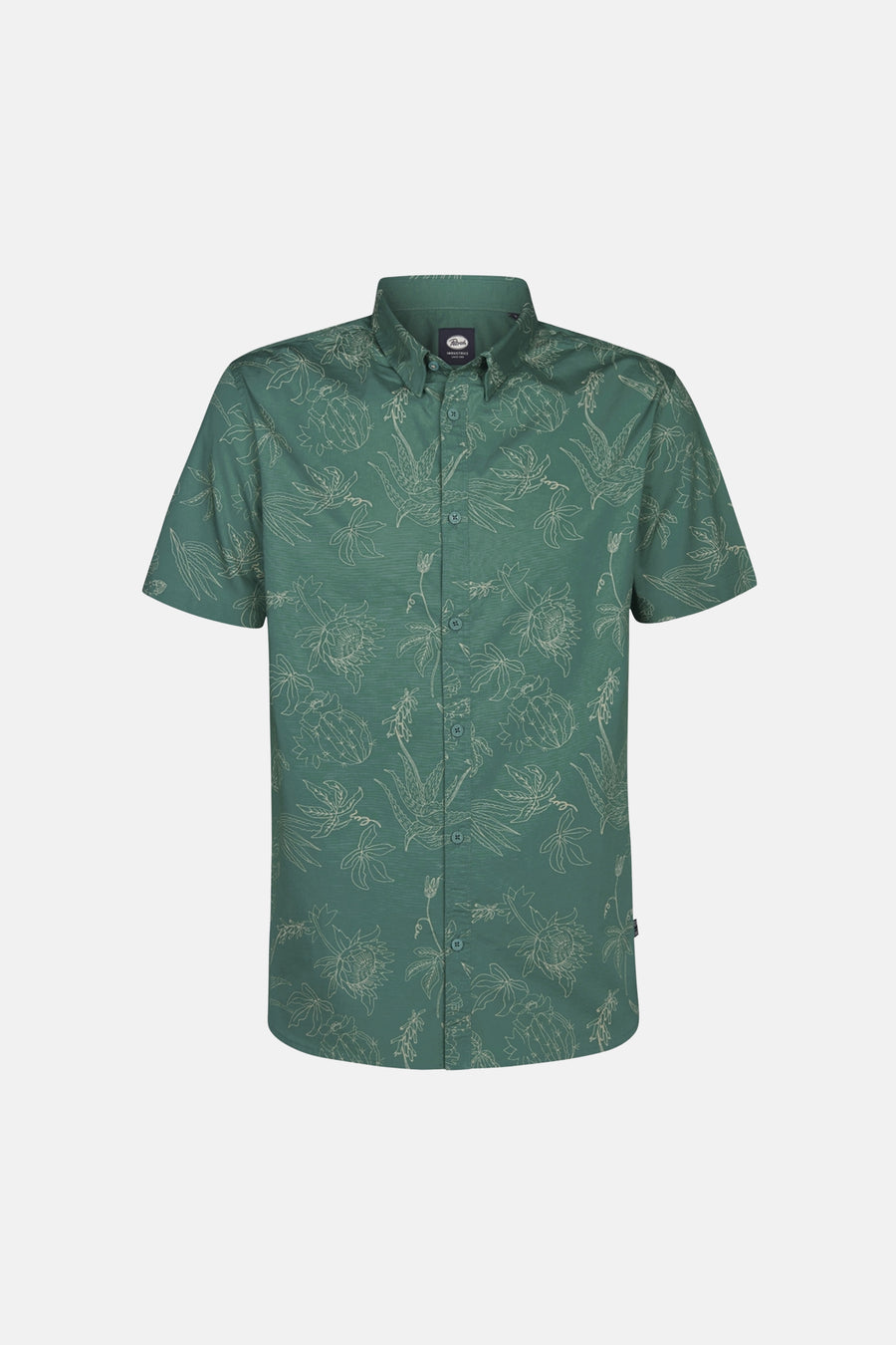 Chemise à manches courtes verte de Petrol Industries avec motifs végétaux blancs.