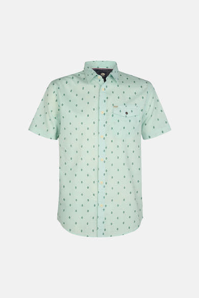 Chemise à manches courtes verte de Petrol Industries, avec motif losanges et poche poitrine simple.