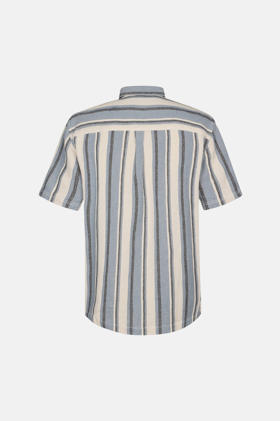 Chemise à manches courtes bleue rayée de Petrol Industries®, avec des rayures verticales et une texture tissée.