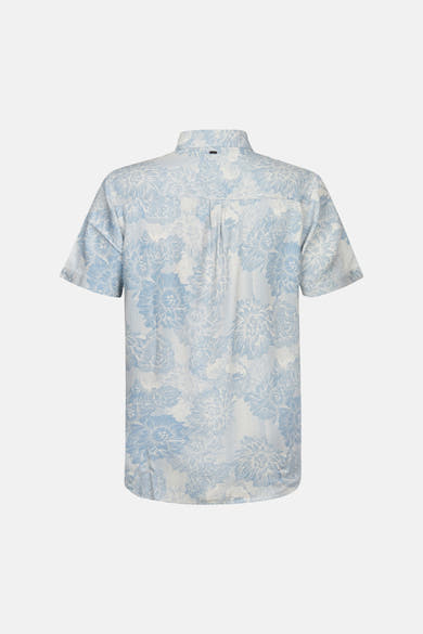 Blauw overhemd met korte mouwen van Petrol Industries® met blauwe en witte bloemenprint, achterkant.