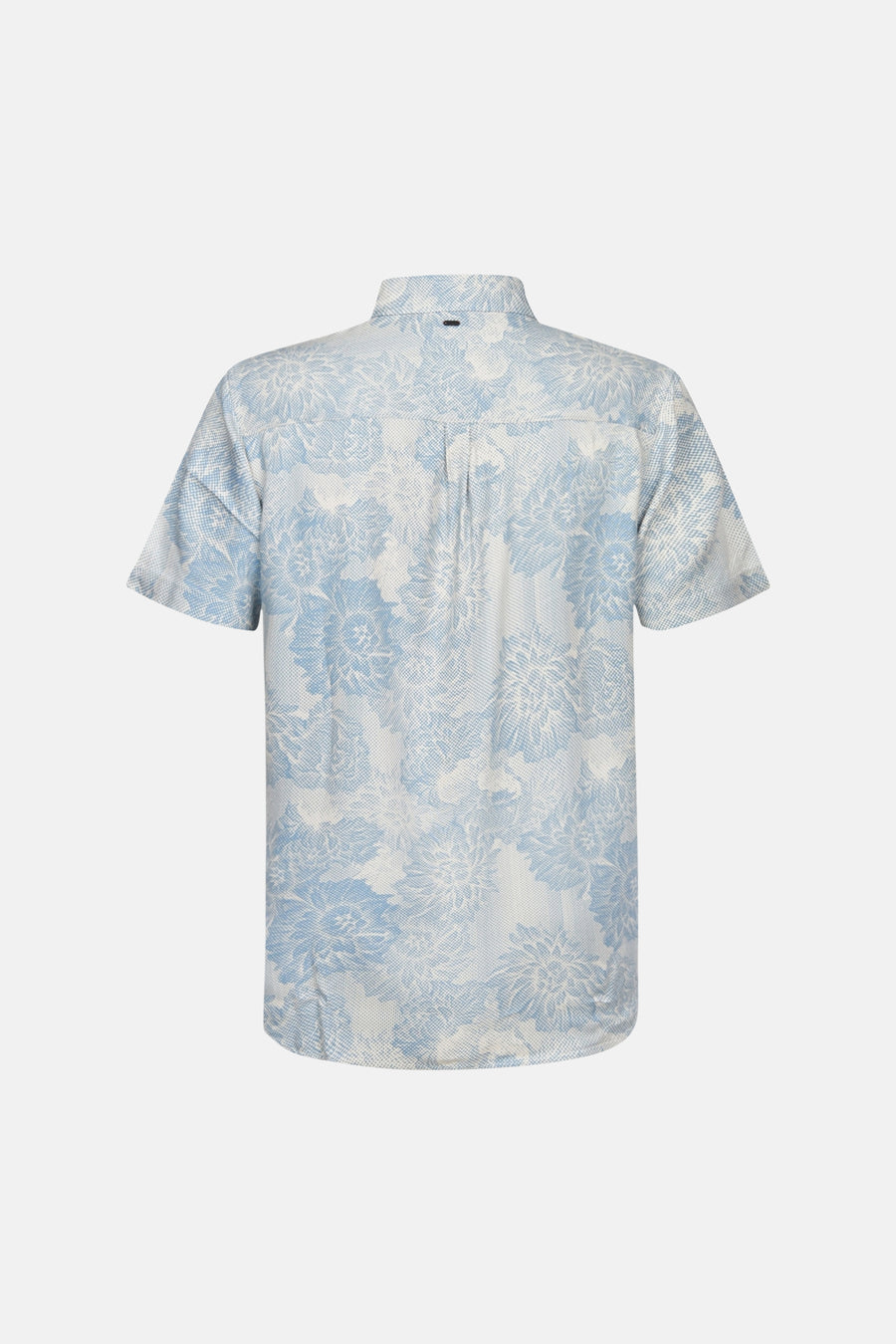 Blauw overhemd met korte mouwen van Petrol Industries® met blauwe en witte bloemenprint, achterkant.