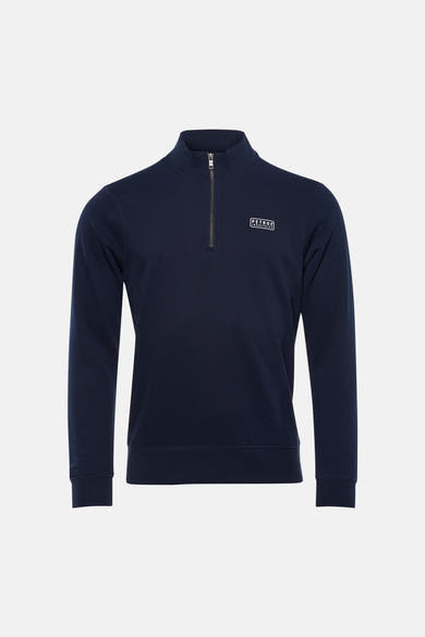 Sweat bleu col montant de Petrol Industries®, avec fermeture éclair partielle et logo imprimé sur la poitrine.