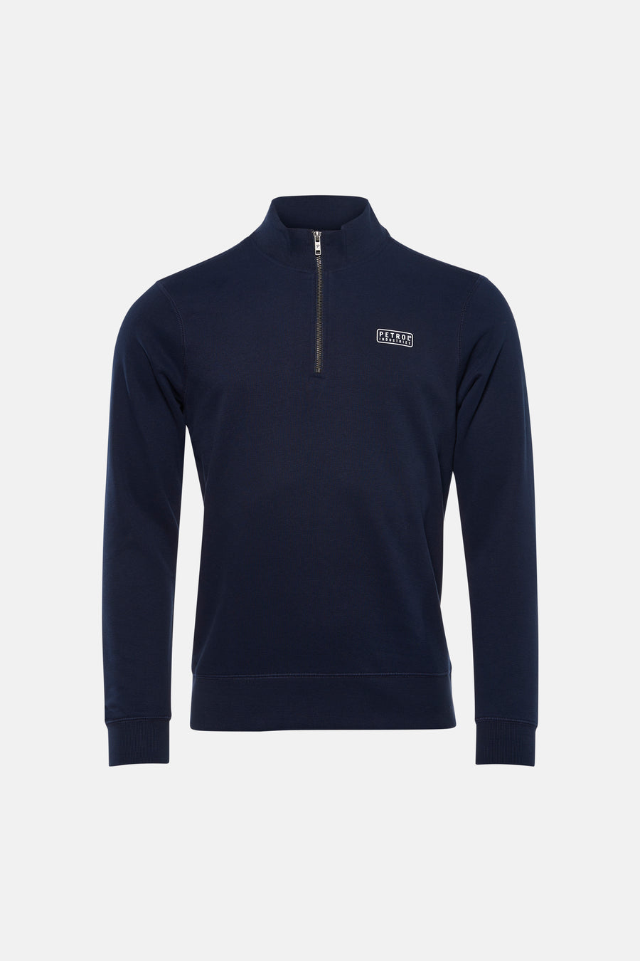 Sweat bleu col montant de Petrol Industries®, avec fermeture éclair partielle et logo imprimé sur la poitrine.