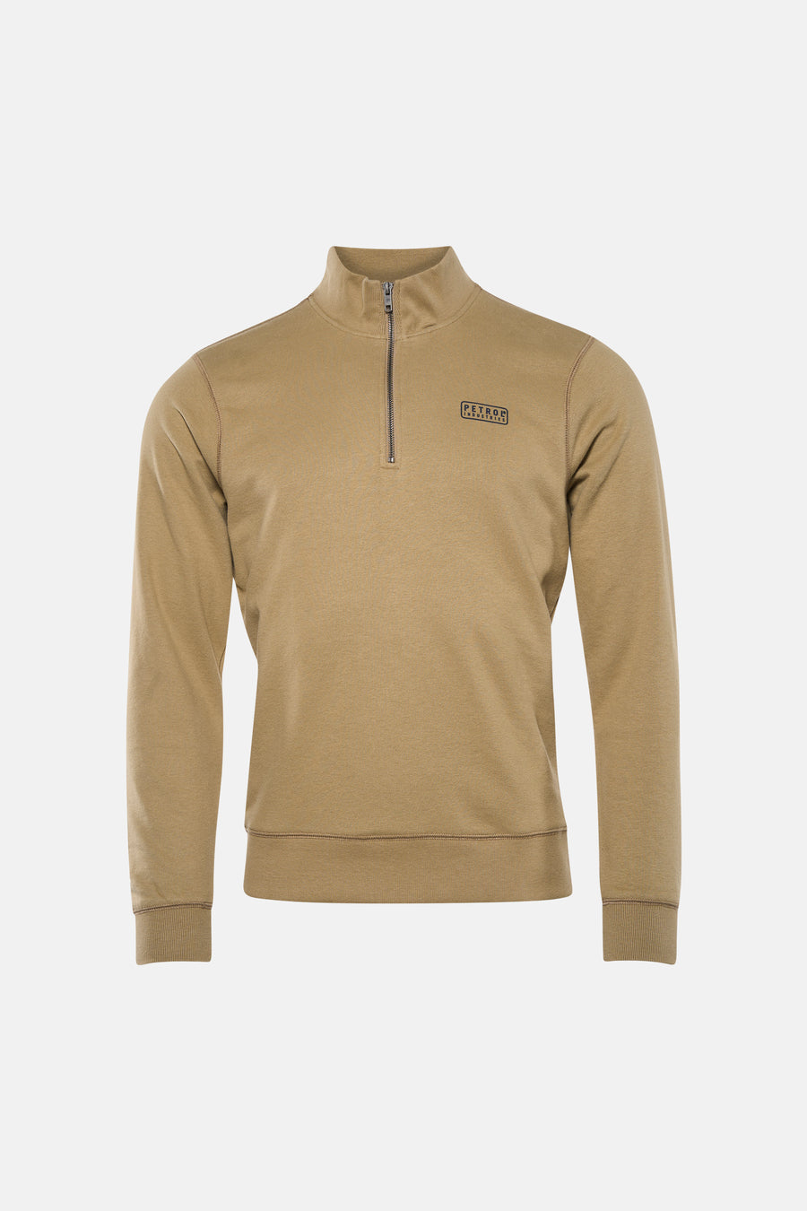 Kaki sweatshirt van Petrol Industries, met gedeeltelijke ritssluiting en logo op de borst.