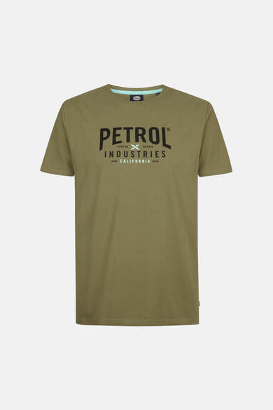Groen T-shirt met korte mouwen van Petrol Industries, met zwarte grafische print op de voorkant.