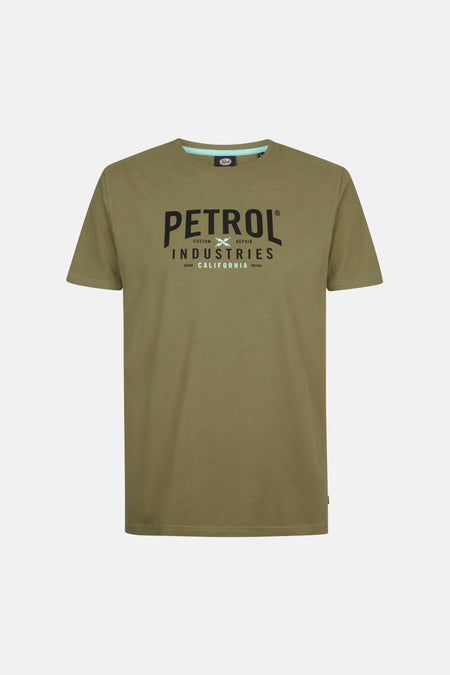 Groen T-shirt met korte mouwen van Petrol Industries, met zwarte grafische print op de voorkant.