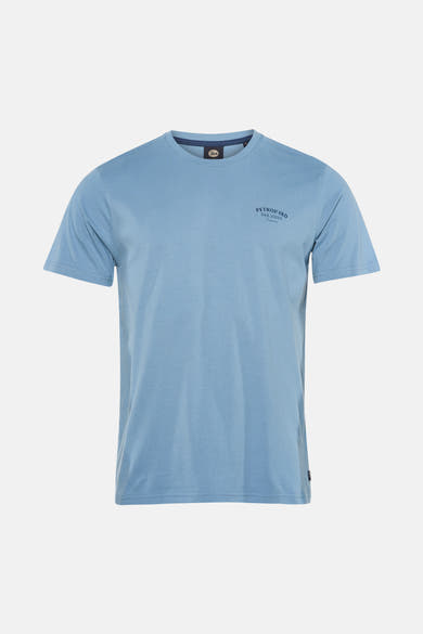 Blauw T-shirt met korte mouwen van Petrol Industries®, met een opdruk op de rug, gedragen met een casual spijkerbroek.