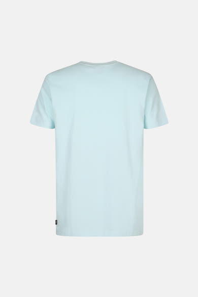 T-shirt bleu à manches courtes de Petrol Industries, vue arrière, avec une petite étiquette noire sur le bas.
