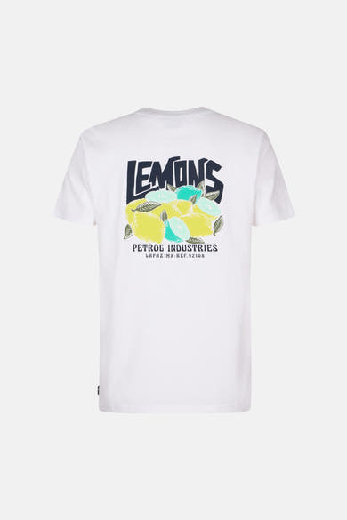 T-shirt blanc à manches courtes de Petrol Industries, avec imprimé graphique de citrons au dos.