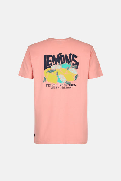 T-shirt rose à manches courtes de Petrol Industries avec un imprimé 'Lemons' au dos.