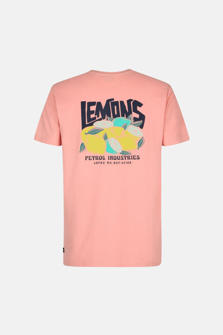 T-shirt rose à manches courtes de Petrol Industries avec un imprimé 'Lemons' au dos.