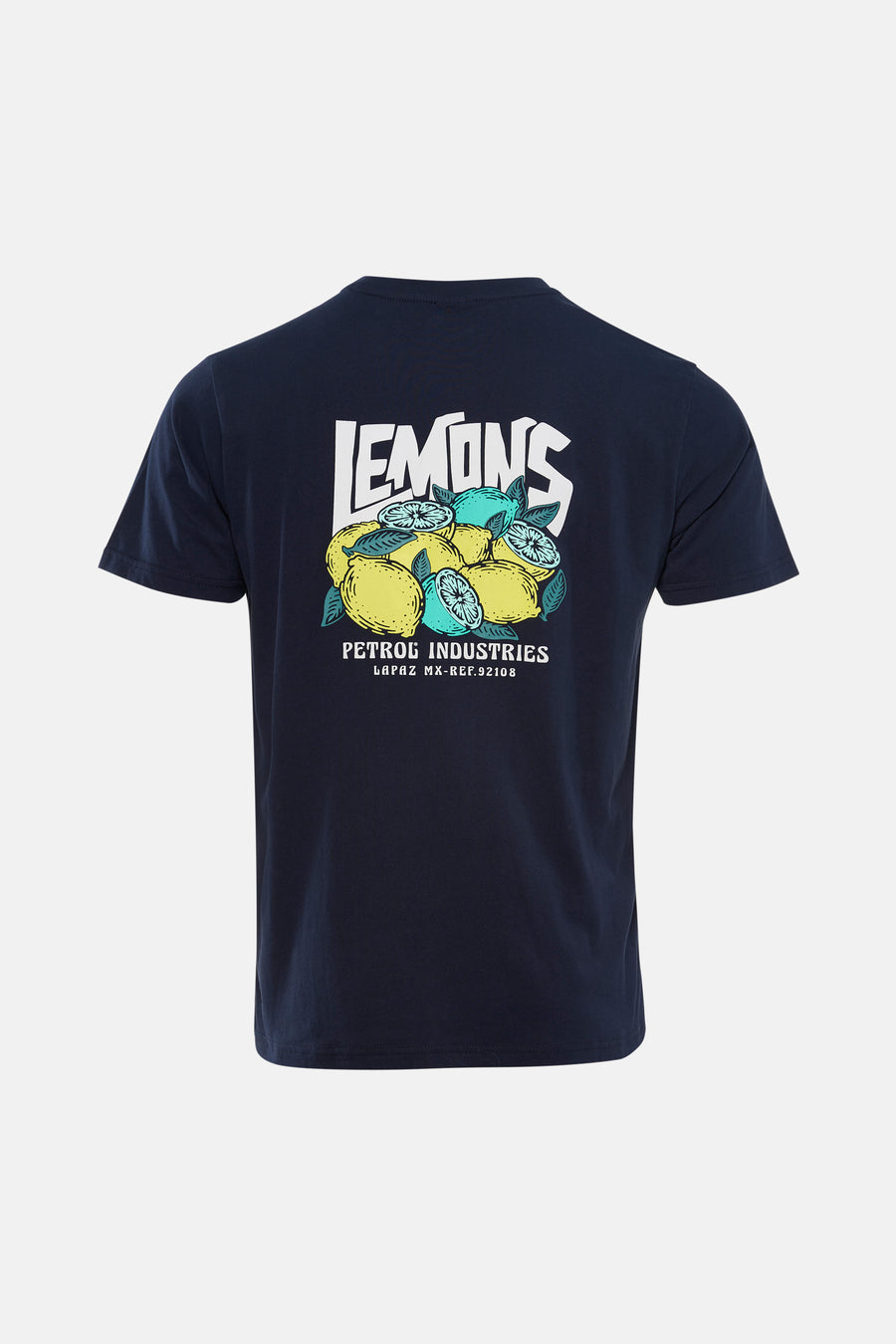 Blauw T-shirt met korte mouwen van Petrol Industries, met een grafische print van citroenen en het woord 'Lemons' op de achterkant.