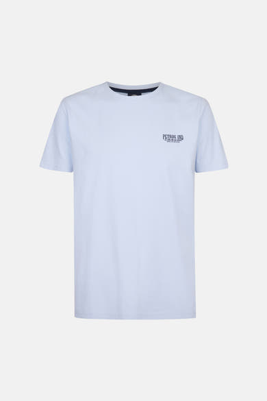 T-shirt bleu à manches courtes de Petrol Industries, avec un petit logo imprimé sur la poitrine.