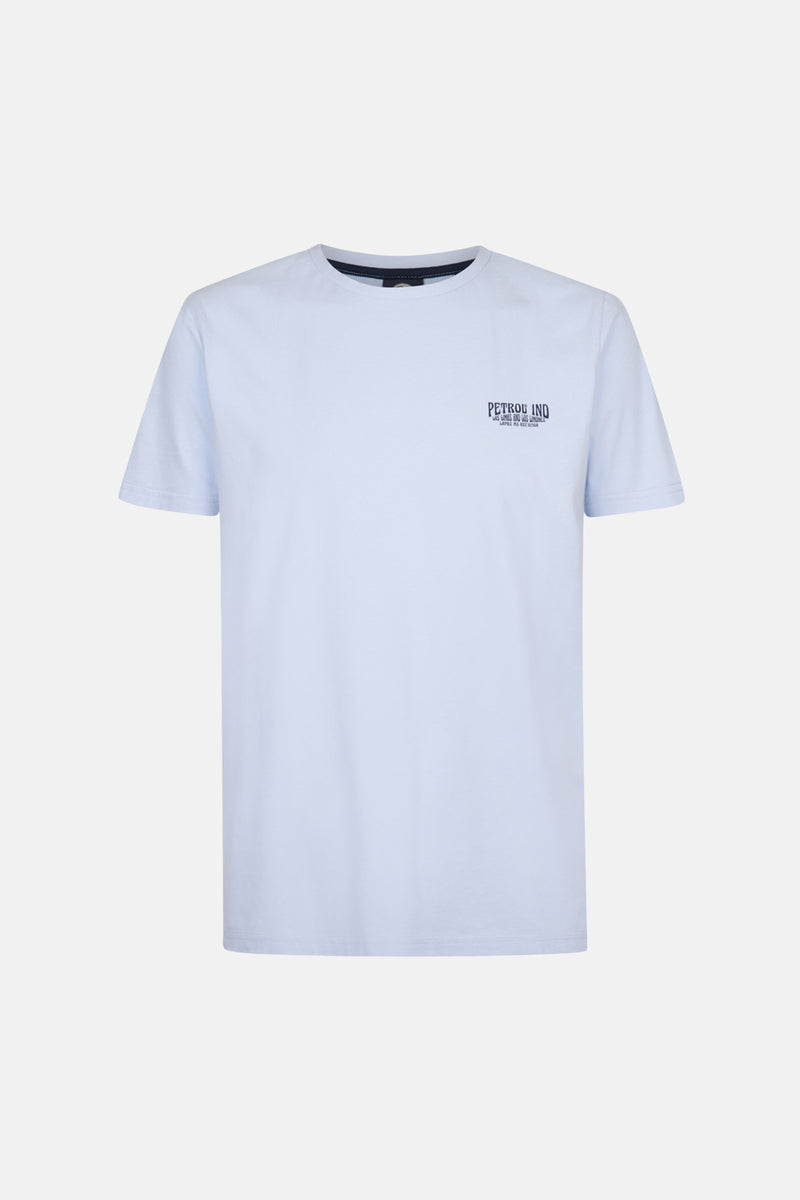 T-shirt bleu à manches courtes de Petrol Industries, avec un petit logo imprimé sur la poitrine.