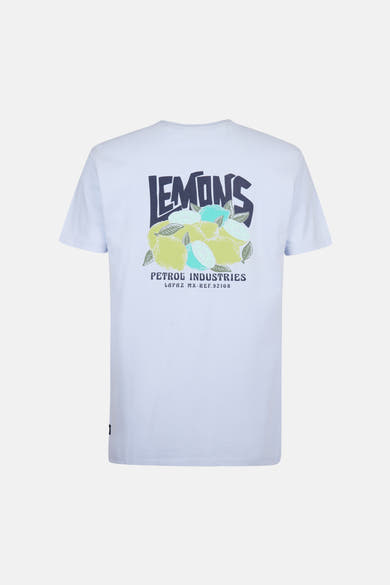 T-shirt bleu à manches courtes de Petrol Industries avec motif imprimé de citrons au dos.