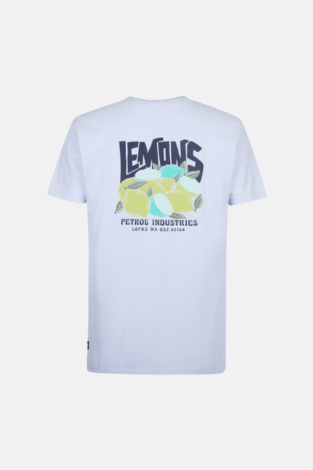 Blauw T-shirt met korte mouwen van Petrol Industries met citroenprint op de rug.