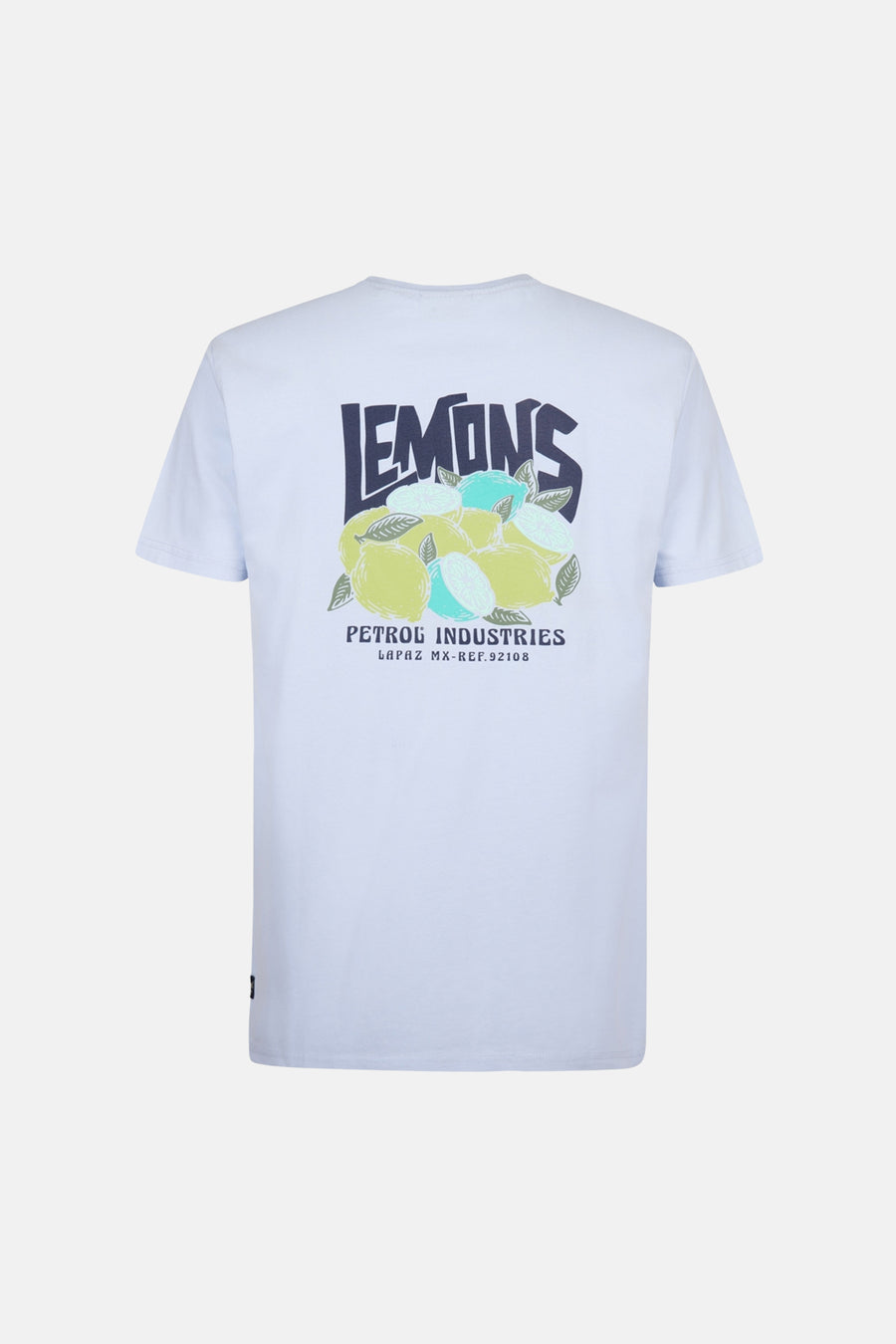 T-shirt bleu à manches courtes de Petrol Industries avec motif imprimé de citrons au dos.