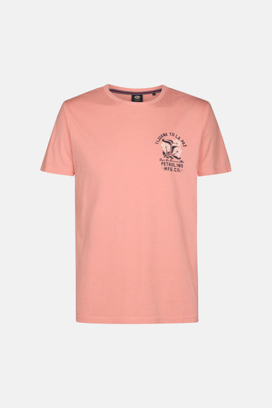 T-shirt à manches courtes corail de Petrol Industries® avec un imprimé graphique "Tijuana to La Paz" sur la poitrine.